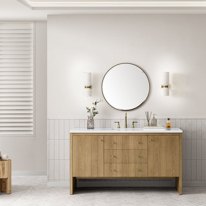 Hudson 60" Single Vanity, Light Natural Oak w/ 3 CM White Zeus Top