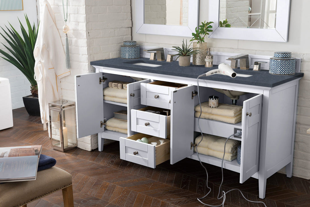 Palisades 72" Double Vanity, Bright White w/ 3 CM Charcoal Soapstone Silestone Top