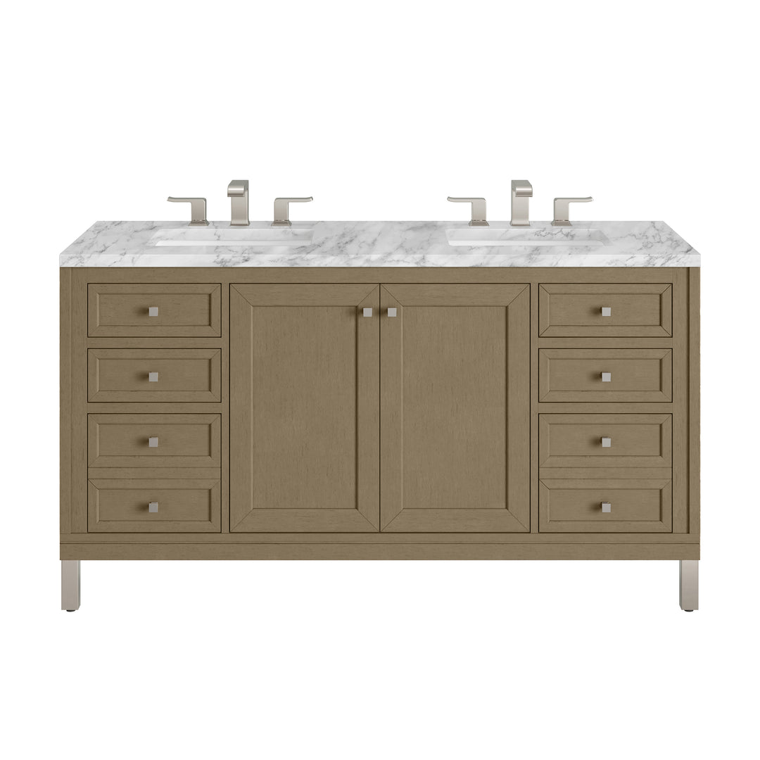 Chicago 60" Double Vanity, Walnut Whisper, w/ 3 CM Carrara Marble Top