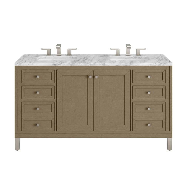 Chicago 60" Double Vanity, Walnut Whisper, w/ 3 CM Carrara Marble Top