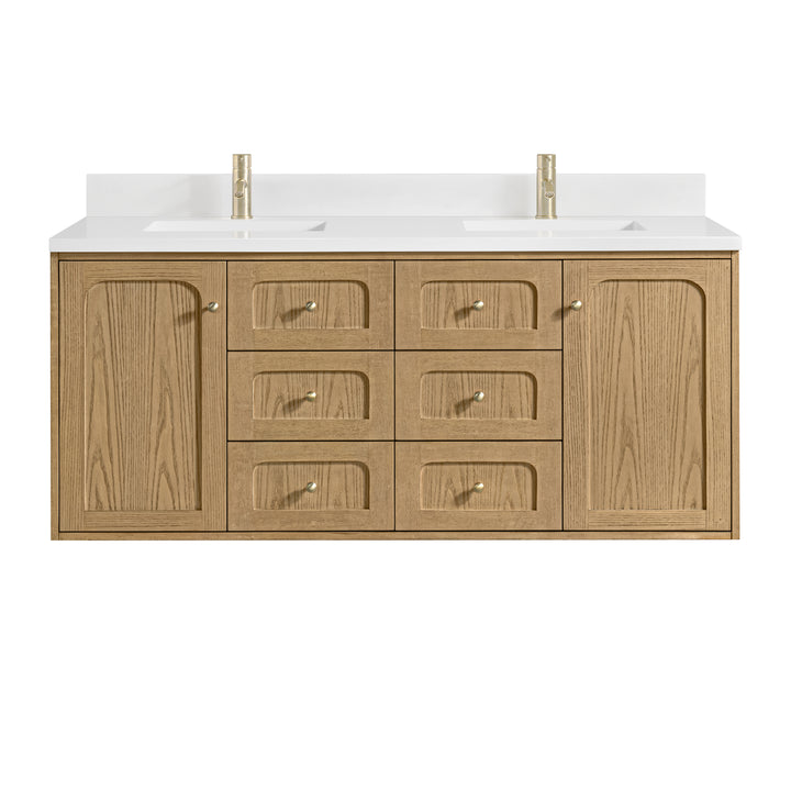Laurent 60" Double Vanity, Light Natural Oak, w/ Single Hole 3 CM White Zeus Quartz Top & Backsplash
