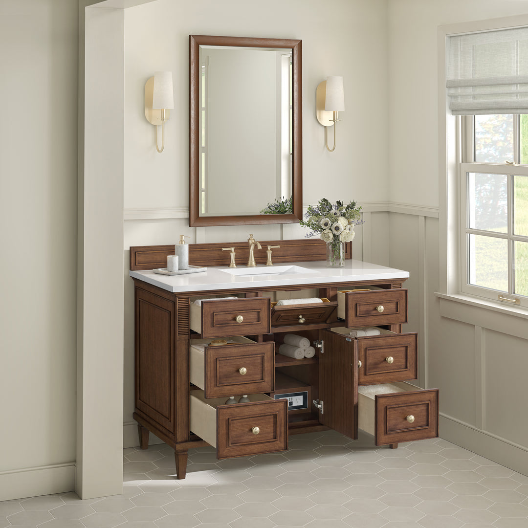 Lorelai 48" Single Vanity, Mid-Century Walnut w/ 3 CM White Zeus Silestone Top