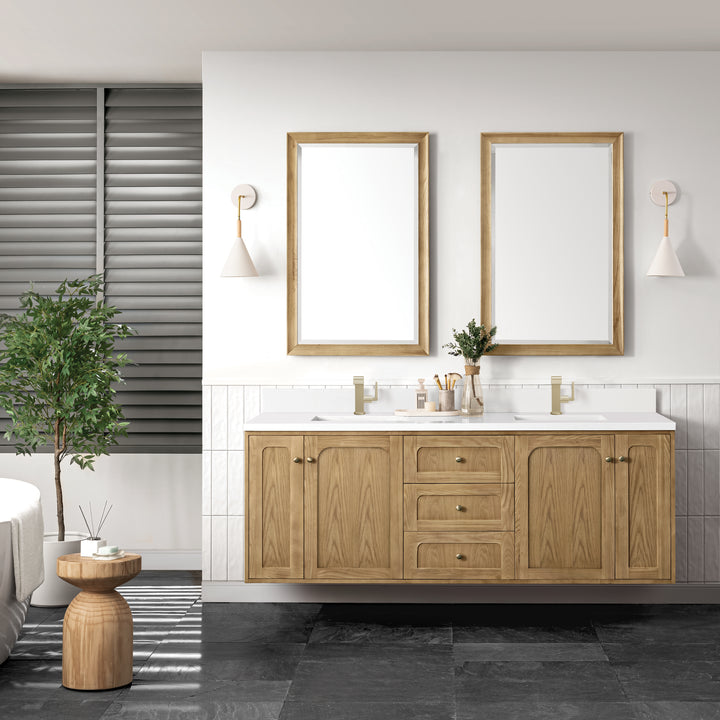 Laurent 72" Double Vanity, Light Natural Oak w/ Single Hole 3 CM White Zeus Top & Backsplash