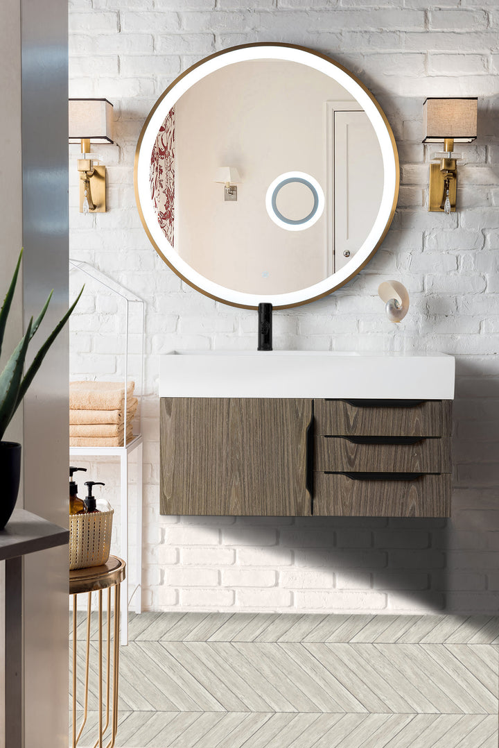 Columbia 36" Single Wall Mount Vanity, Ash Gray, Matte Black w/ Glossy White Composite Stone Top