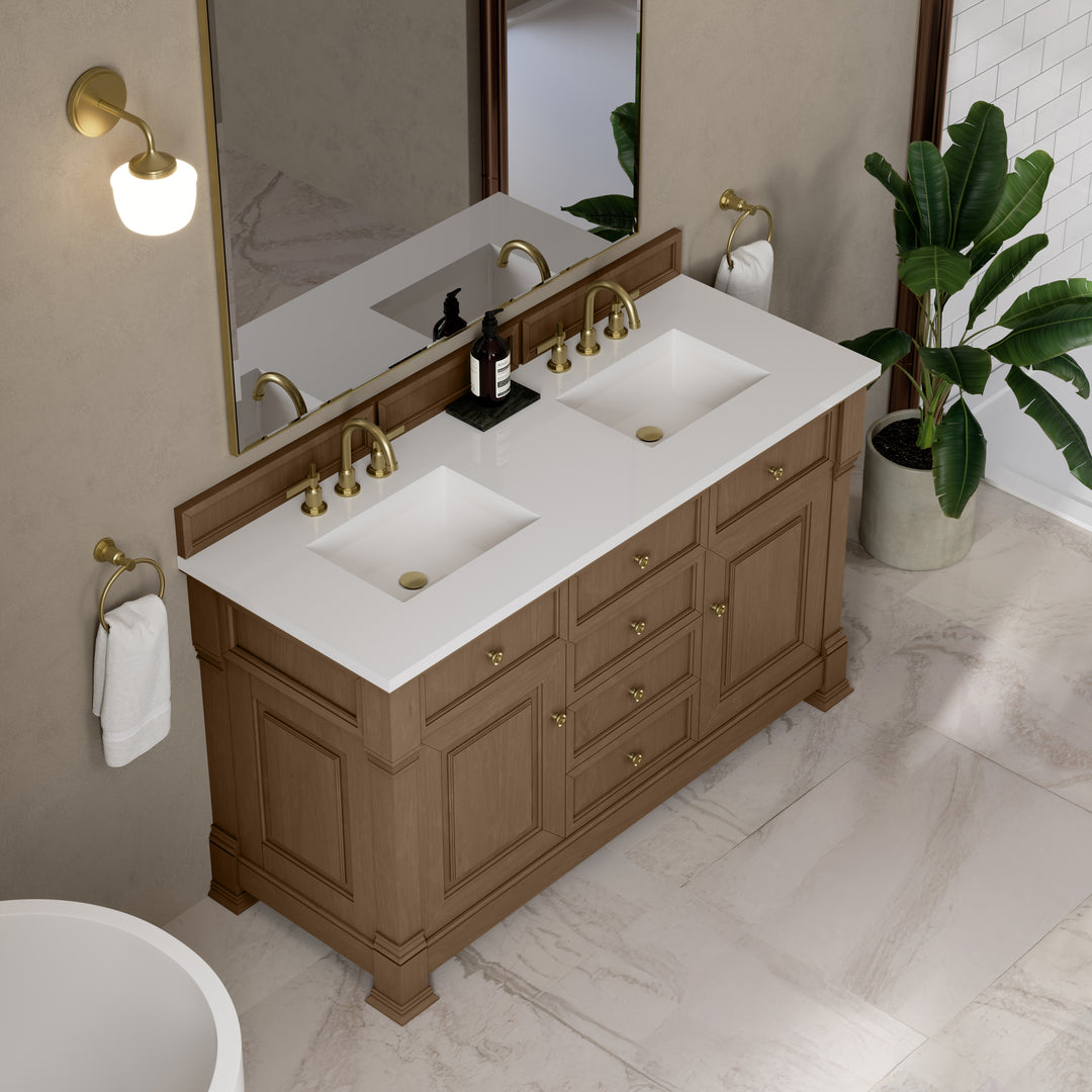 Brookfield 60" Double Vanity, Pecan, w/ 3 CM White Zeus Silestone®  Top