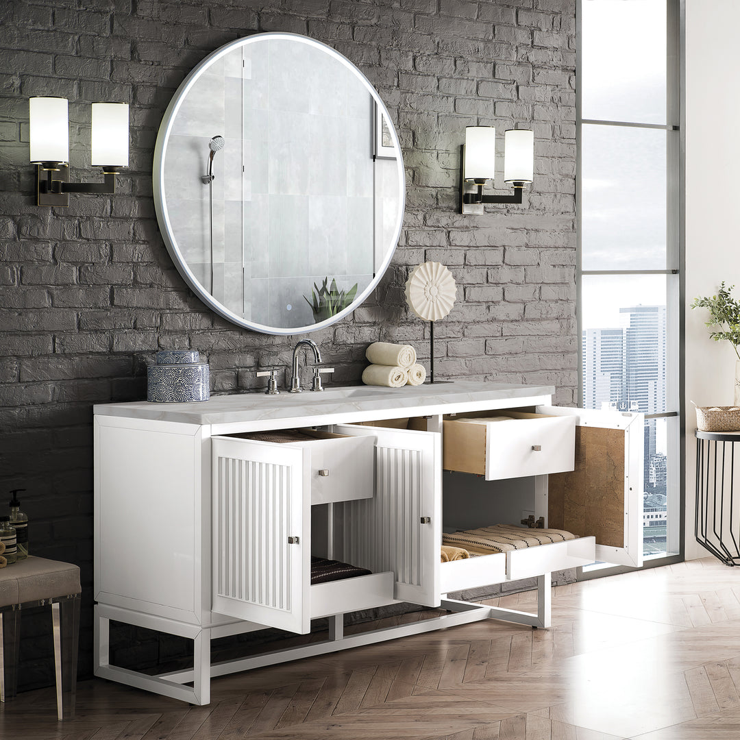 Athens 60" Single Vanity, Glossy White w/ 3 CM Victorian Silver Silestone Top