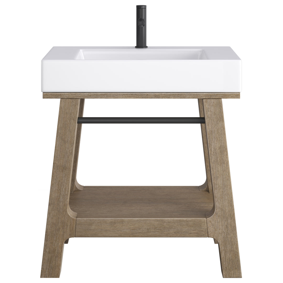 Auburn 31.5" Single Sink Console, Weathered Timber w/ Glossy White Mineral Composite Stone Top