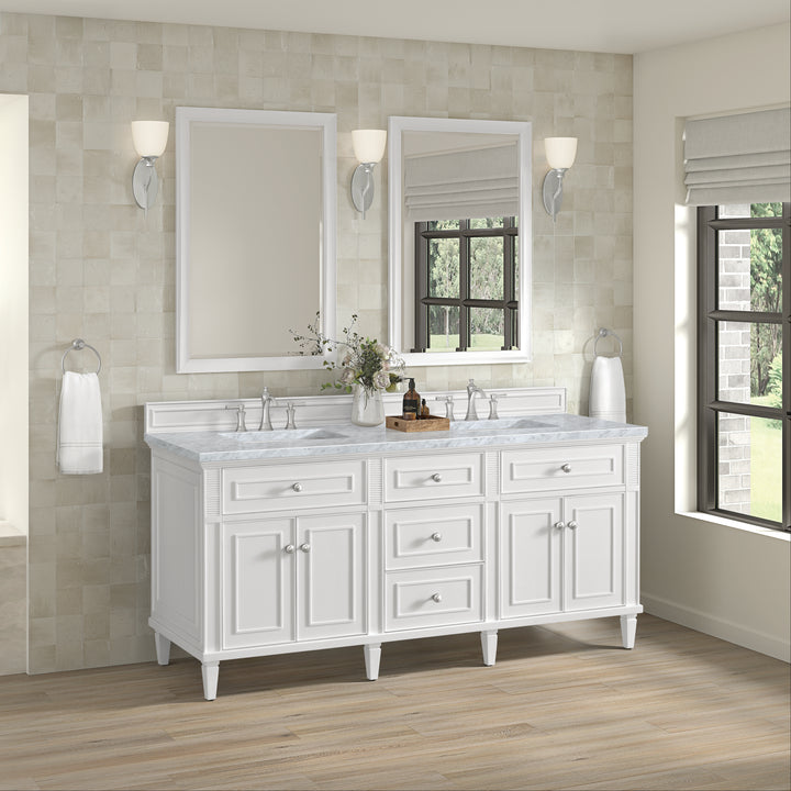 Lorelai 72" Double Vanity, Bright White w/ 3 CM Carrara White Marble Top