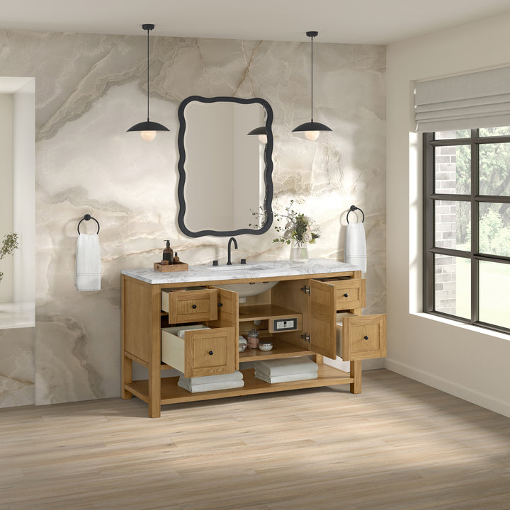 Breckenridge 60" Single Vanity, Light Natural Oak, w/ 3 CM Carrara Marble Top