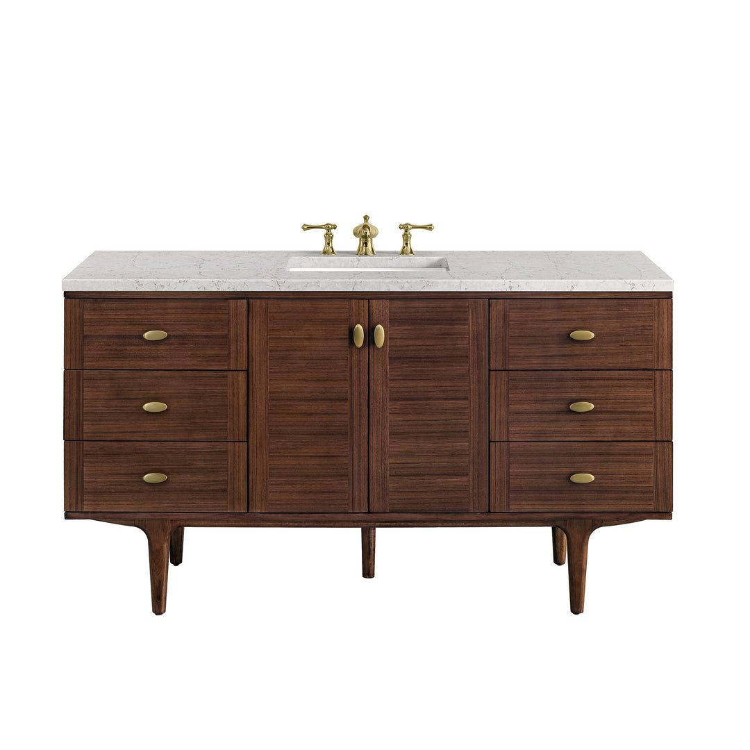 Amberly 60" Single Vanity, Mid-Century Walnut w/ 3 CM Eternal Jasmine Pearl Top w/FreePower Wireless Charger