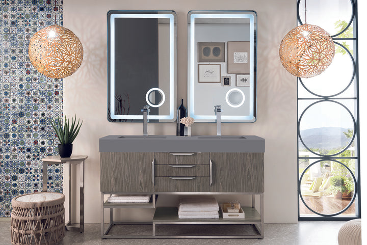 Columbia 59" Double Vanity, Ash Gray w/ Dusk Grey Glossy Composite Stone Top