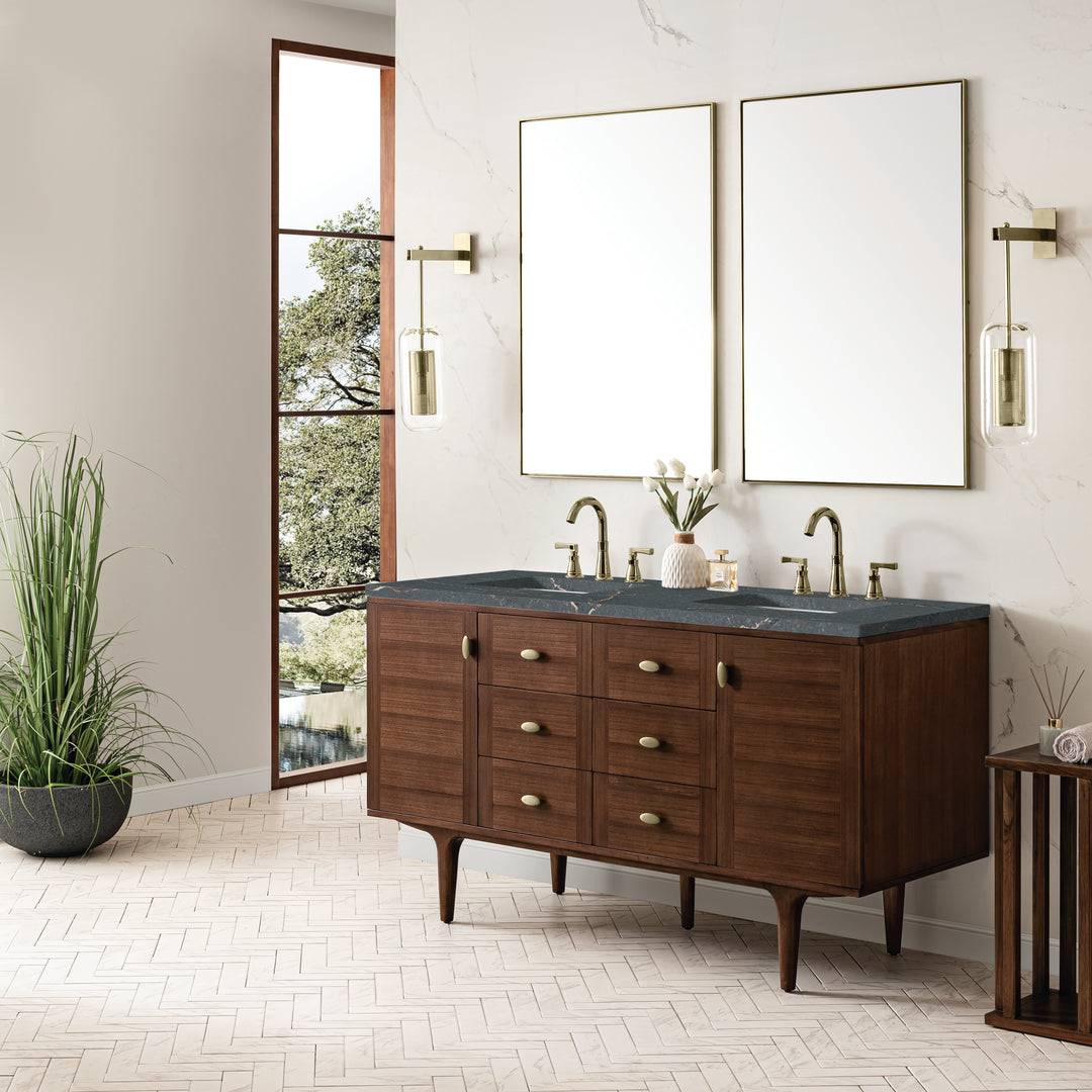 Amberly 60" Double Vanity, Mid-Century Walnut w/ 3 CM Parisien Bleu Top w/FreePower Wireless Charger