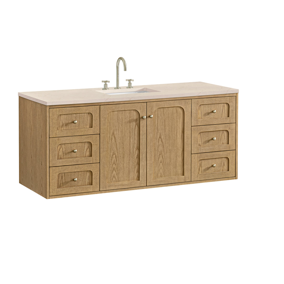 Laurent 60" Single Vanity, Light Natural Oak, w/ 3 CM Eternal Marfil Quartz Top