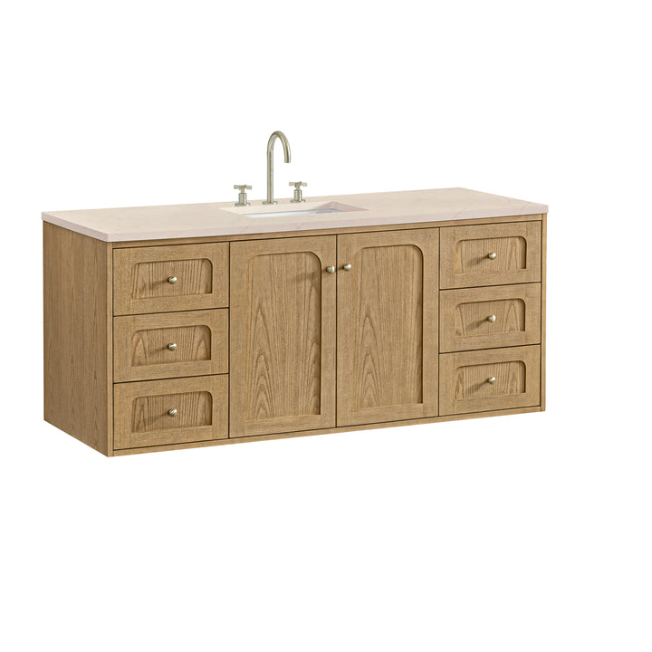 Laurent 60" Single Vanity, Light Natural Oak, w/ 3 CM Eternal Marfil Quartz Top