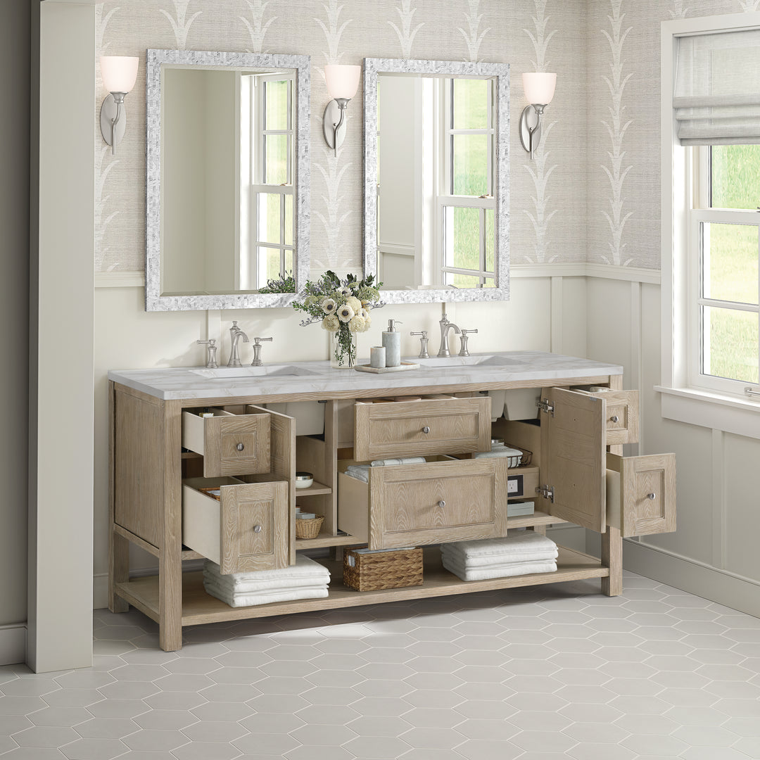 Breckenridge 72" Double Vanity, Whitewashed Oak w/ 3 CM Victorian Silver Silestone Top w/FreePower Wireless Charger