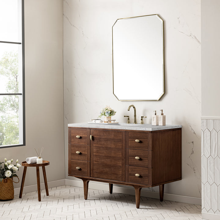 Amberly 48" Single Vanity, Mid-Century Walnut w/ 3 CM Eternal Jasmine Pearl Top