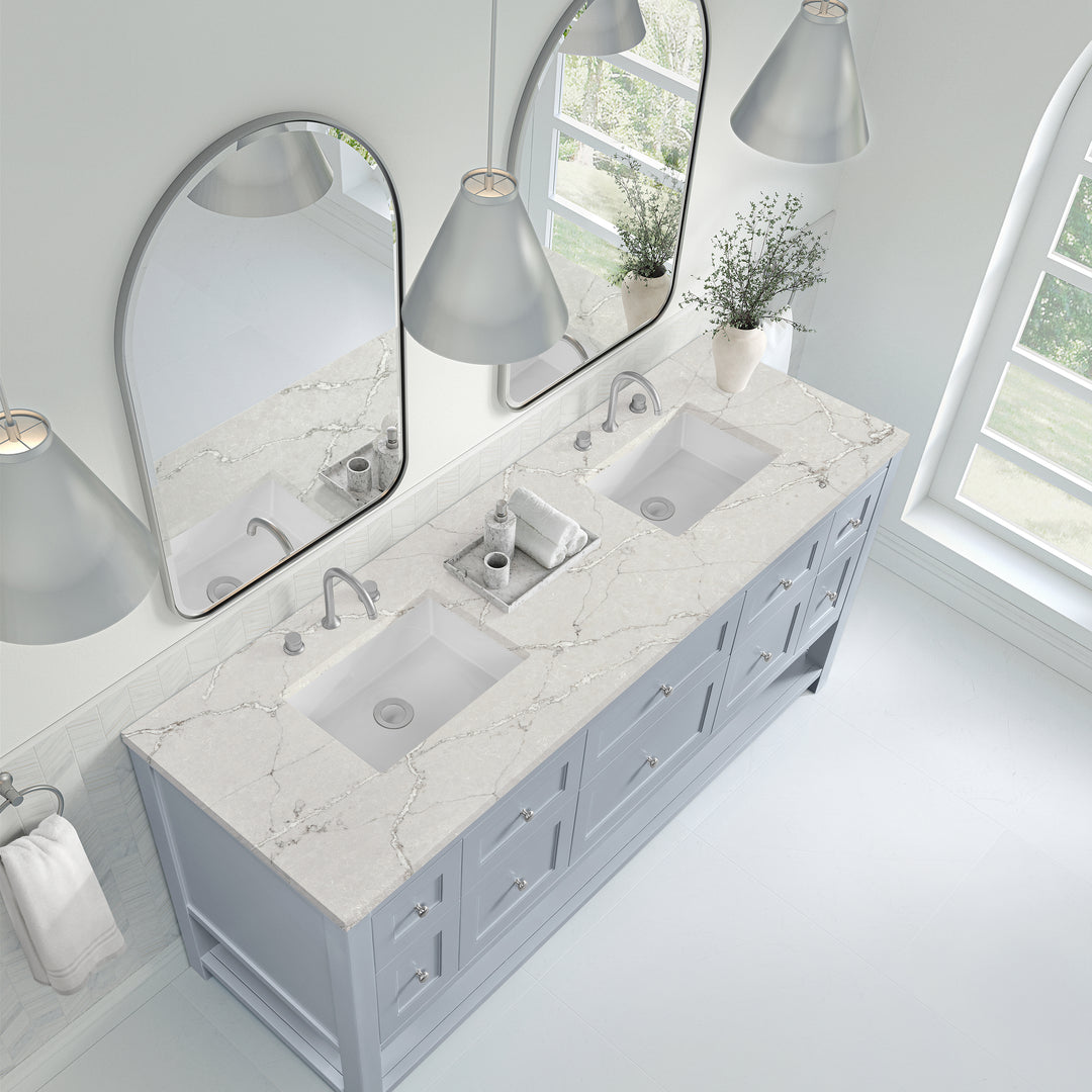 Breckenridge 72" Double Vanity, Serenity Blue, w/ 3 CM Victorian Silver Quartz Top w/FreePower Wireless Charger