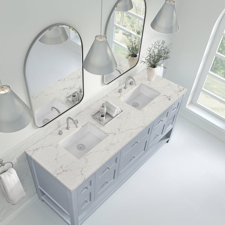 Breckenridge 72" Double Vanity, Serenity Blue, w/ 3 CM Victorian Silver Quartz Top w/FreePower Wireless Charger
