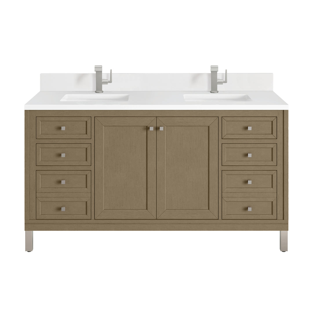 Chicago 60" Double Vanity, Walnut Whisper, w/ Single Hole 3CM White Zeus Silestone® Top & Backsplash