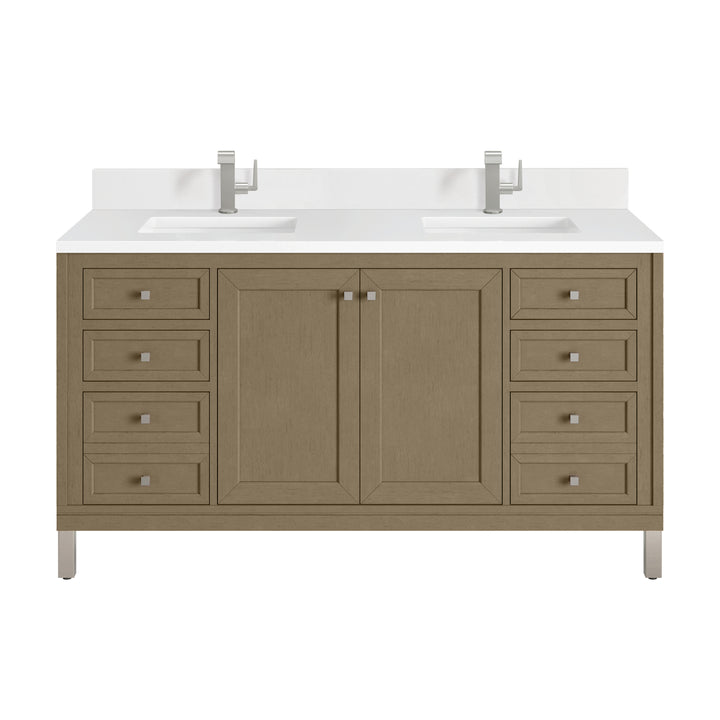 Chicago 60" Double Vanity, Walnut Whisper, w/ Single Hole 3CM White Zeus Silestone® Top & Backsplash
