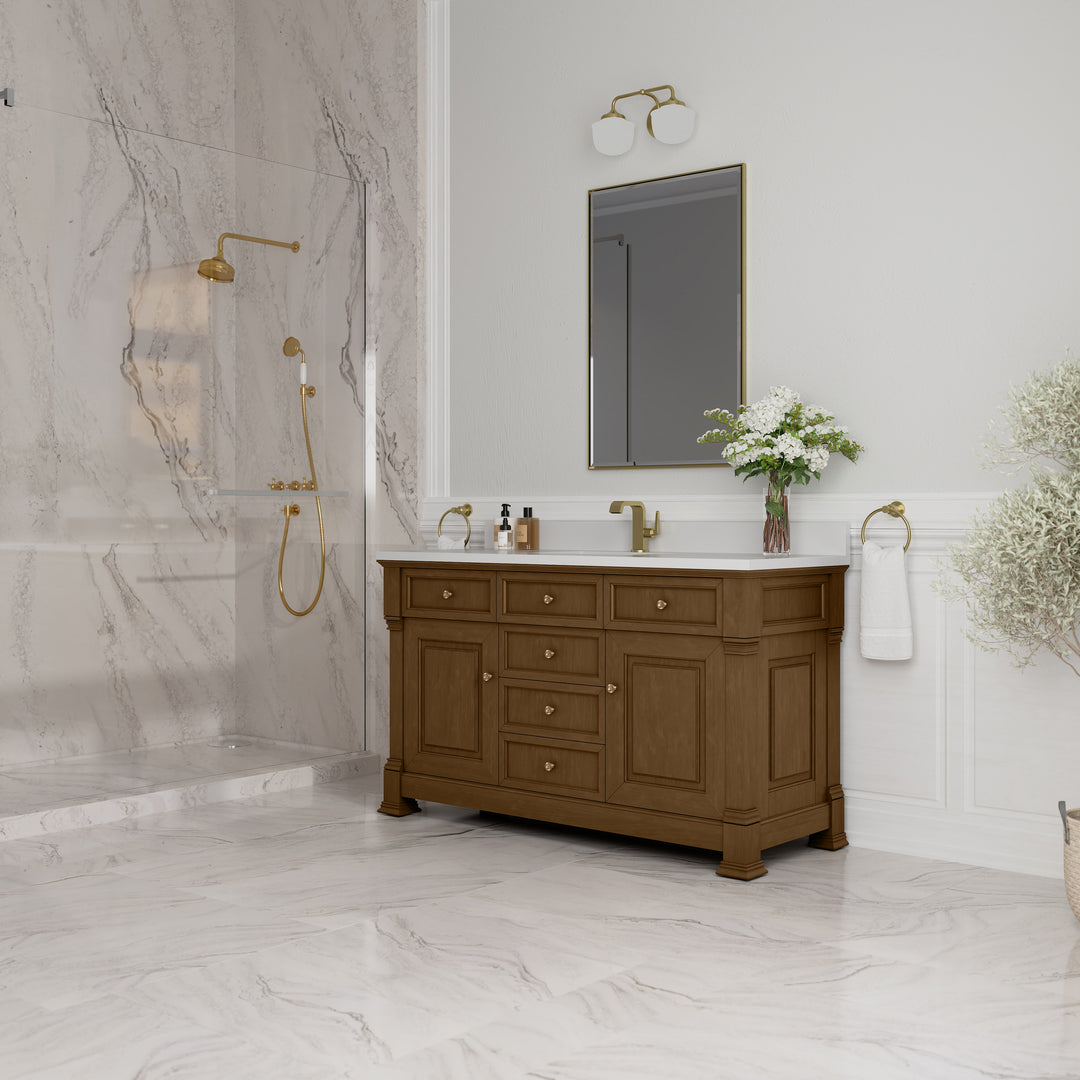 Brookfield 60" Single Vanity, Honey Oak w/ Single Hole 3 CM White Zeus Silestone® Top & Backsplash