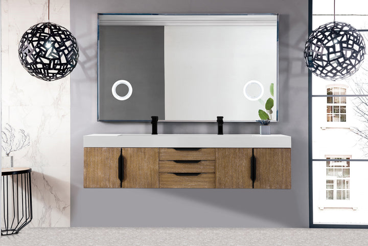 Columbia 72" Double Wall Mount Vanity, Latte Oak, Matte Black w/ Glossy White Composite Stone Top
