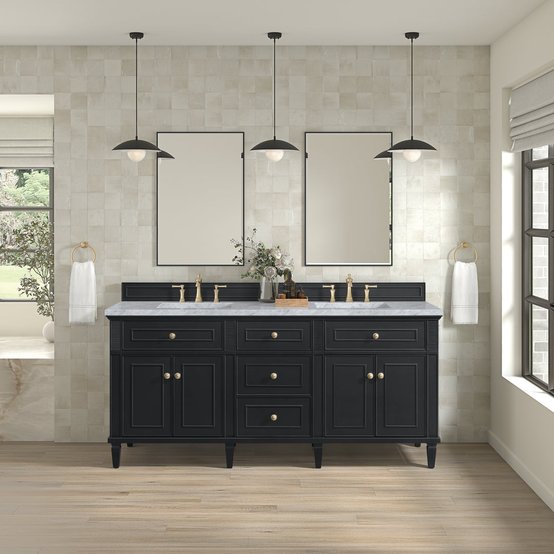 Lorelai 72" Double Vanity, Black Onyx w/ 3 CM Carrara White Marble Top