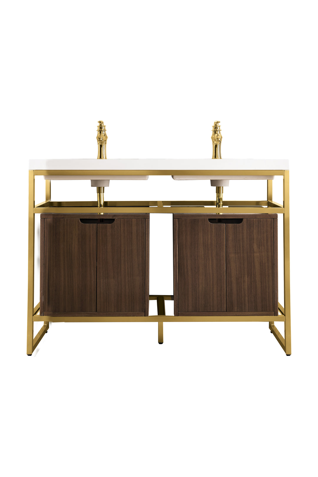 Boston 47" Double Console Vanity, Radiant Gold, Mid-Century Walnut Storage, White Gloss Composite