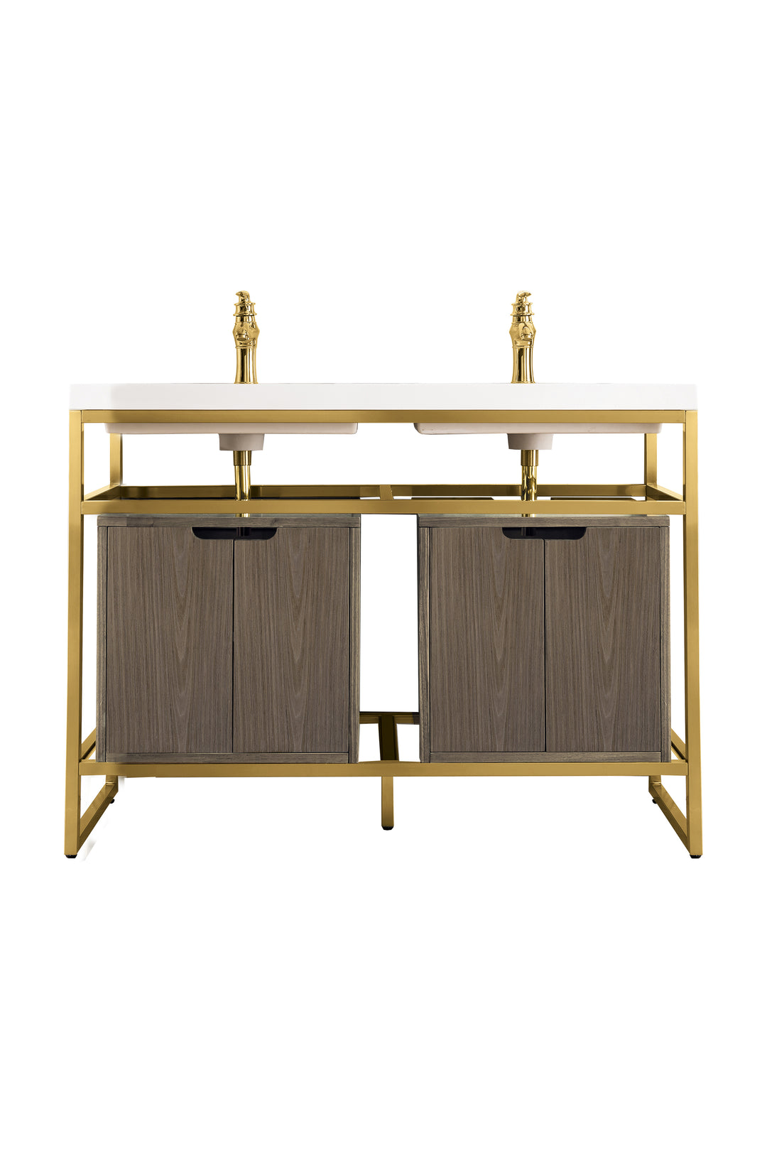 Boston 47" Double Console Vanity, Radiant Gold w/ Ash Gray Storage, White Glossy Composite Stone Top