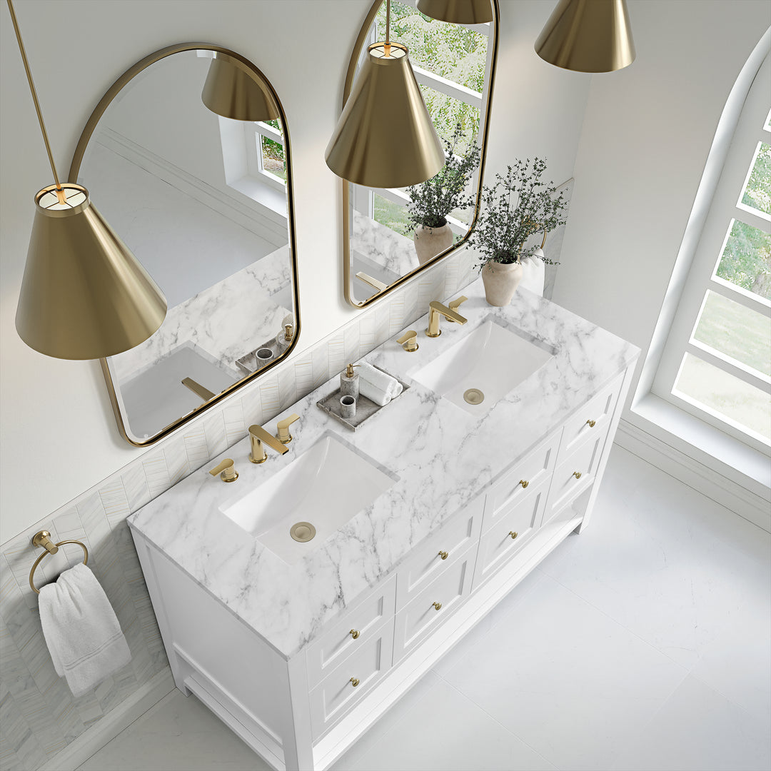 Breckenridge 60" Double Vanity, Bright White, w/ 3 CM Carrara Marble Top