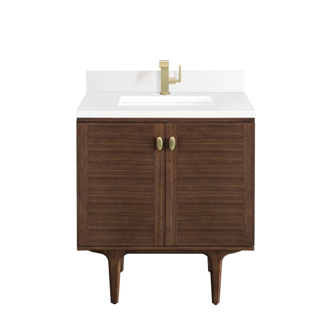 Amberly 30" Single Vanity, Mid-Century Walnut w/ Single Hole 3 CM White Zeus Top & Backsplash