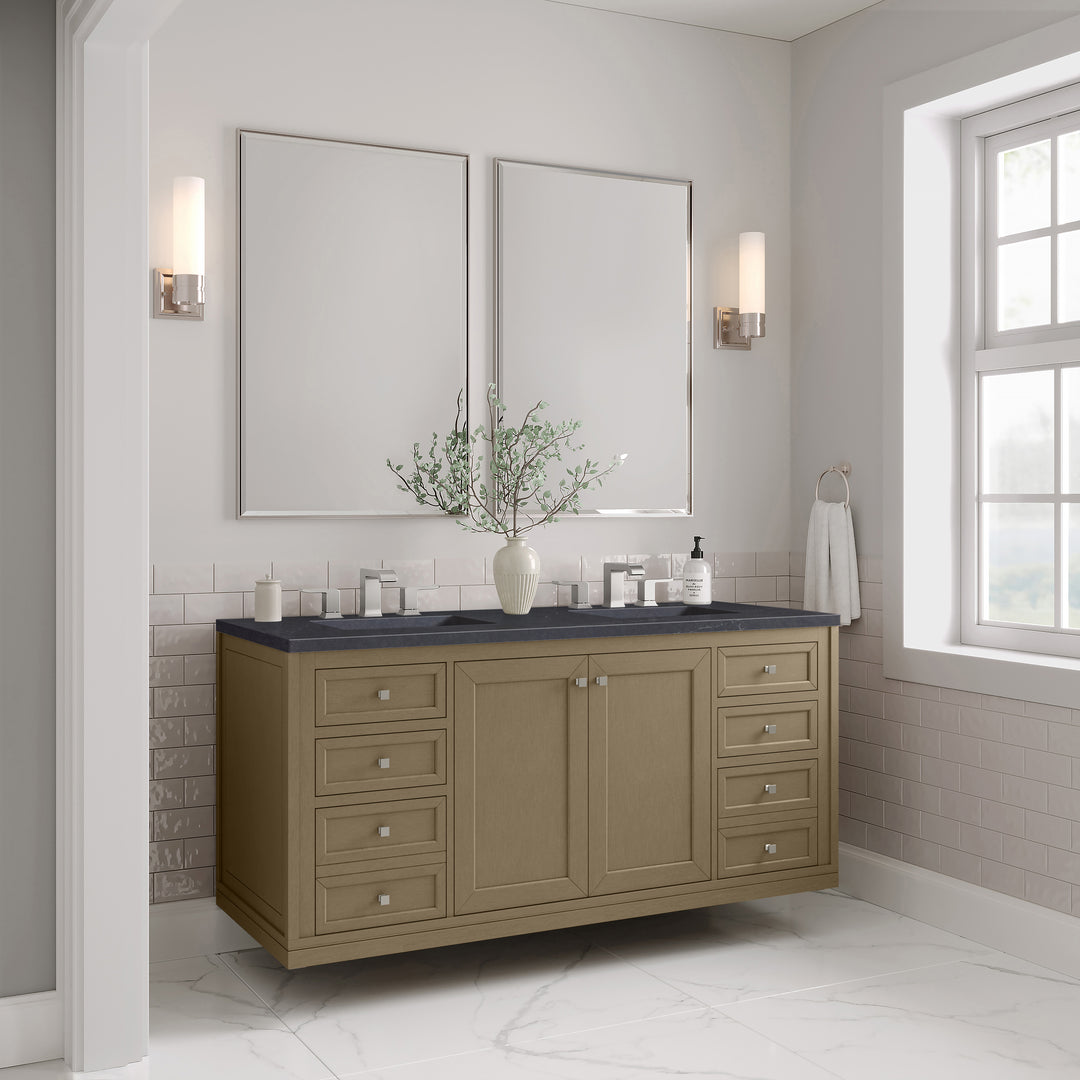 Chicago 60" Double Vanity, Walnut Whisper, w/ 3 CM Charcoal Soapstone Silestone® Top