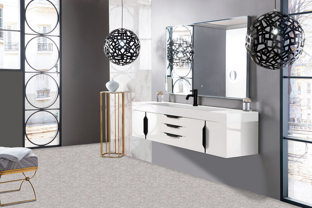 Columbia 72" Single Wall Mount Vanity, Glossy White, Matte Black w/ Glossy White Composite Stone Top