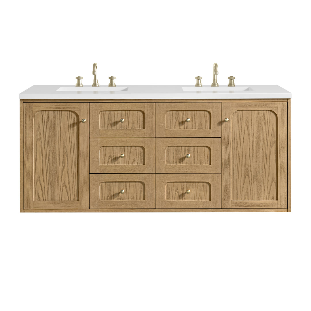 Laurent 60" Double Vanity, Light Natural Oak, w/ 3 CM White Zeus Quartz Top