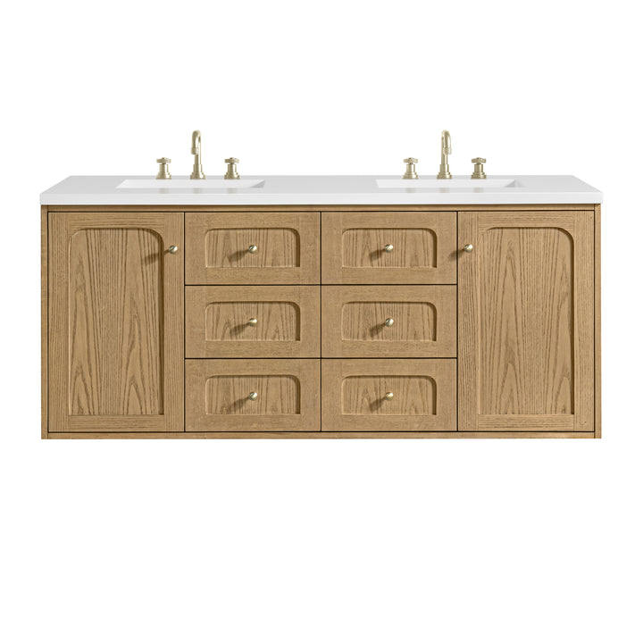 Laurent 60" Double Vanity, Light Natural Oak, w/ 3 CM White Zeus Quartz Top