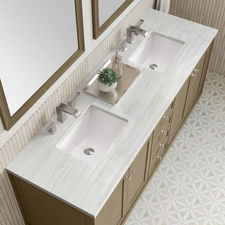 Chicago 72" Double Vanity, Walnut Whisper, w/ 3 CM Arctic Fall Solid Surface Top