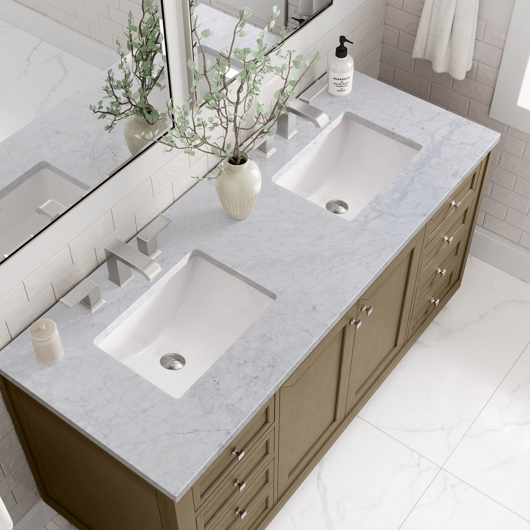Chicago 60" Double Vanity, Walnut Whisper, w/ 3 CM Carrara Marble Top