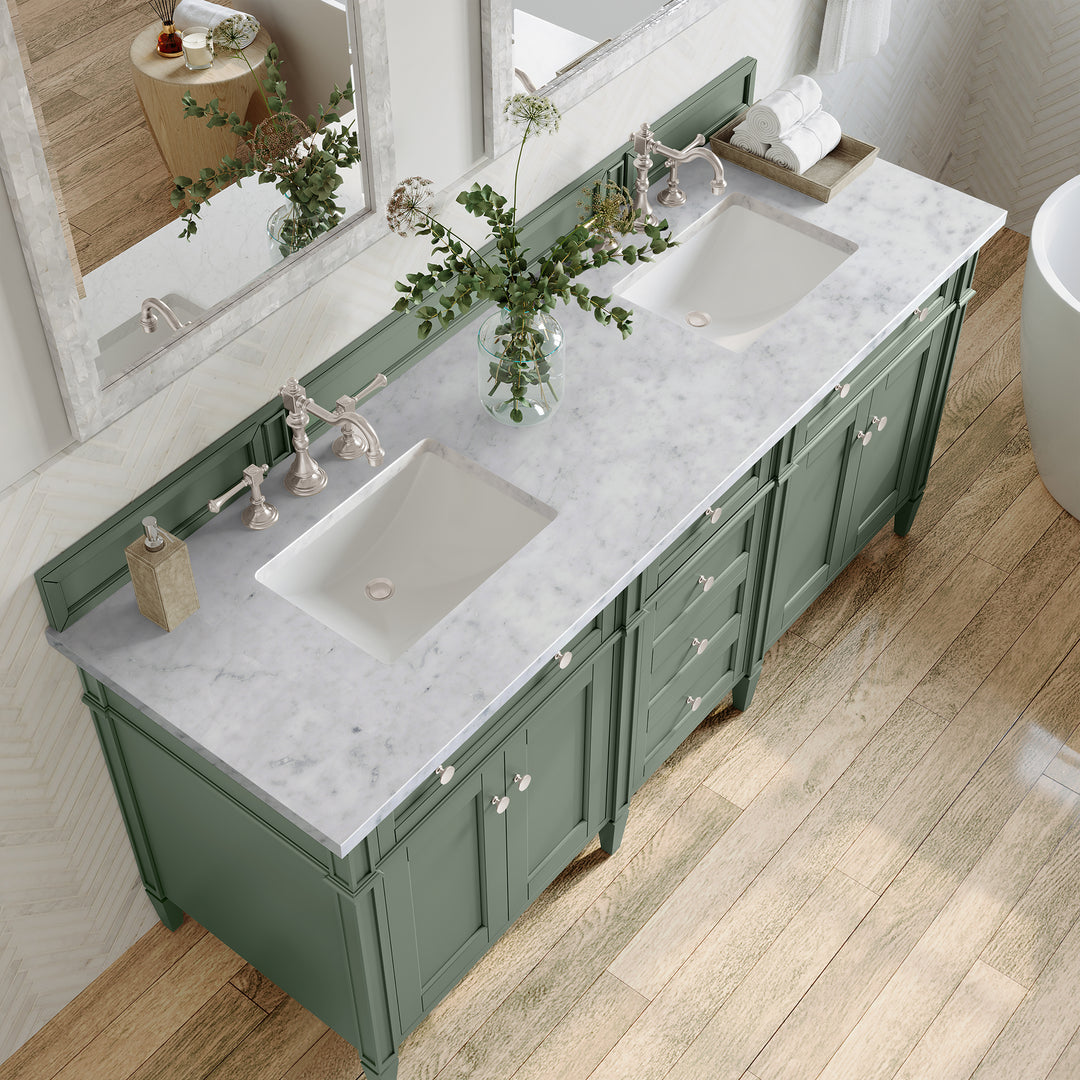 Brittany 72" Double Vanity, Smokey Celadon w/ 3 CM Carrara Marble Top