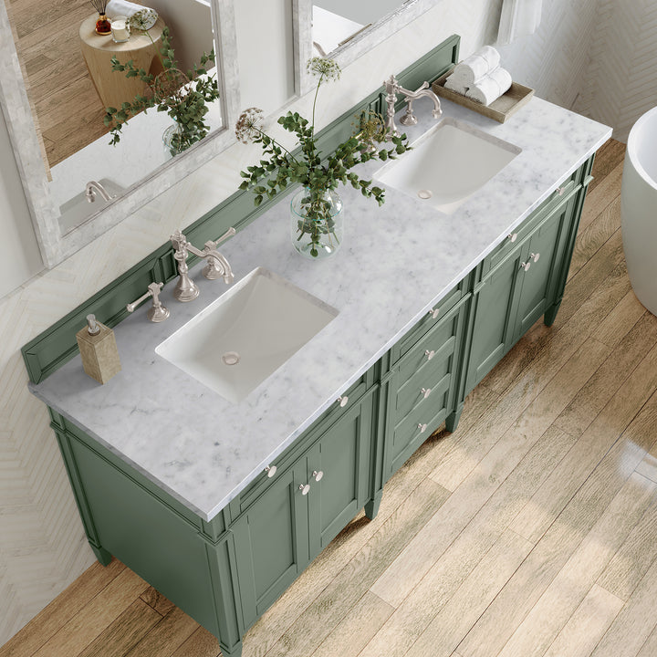 Brittany 72" Double Vanity, Smokey Celadon w/ 3 CM Carrara Marble Top