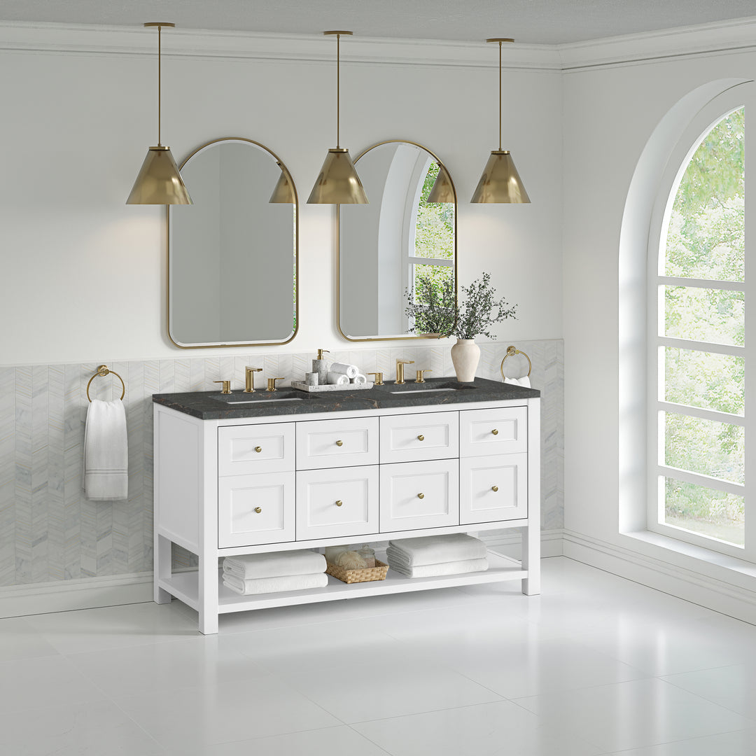 Breckenridge 60" Double Vanity, Bright White, w/ 3 CM Parisien Bleu Quartz Top w/FreePower Wireless Charger