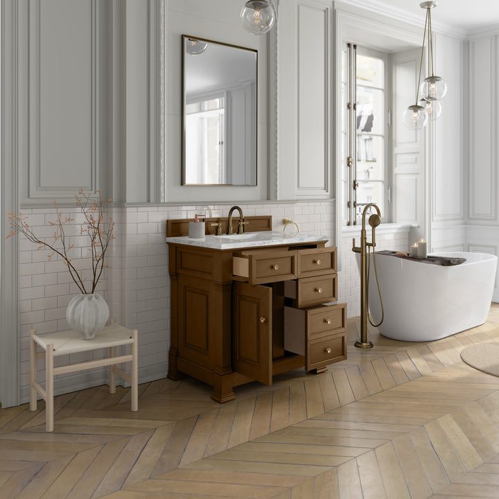 Brookfield 36" Single Vanity, Honey Oak w/ 3 cm Carrara White Marble Top