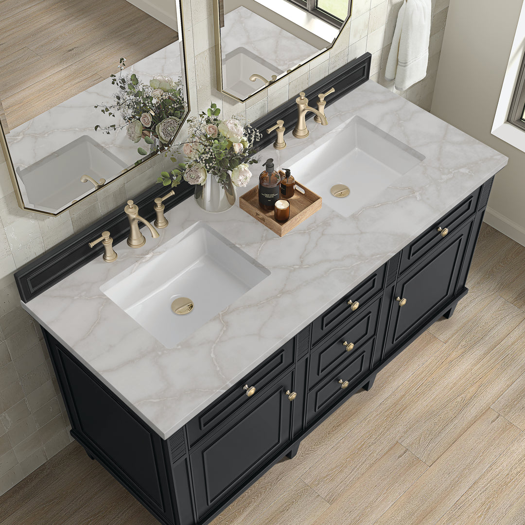 Lorelai 60" Double Vanity, Black Onyx w/ 3 CM Victorian Silver Silestone Top