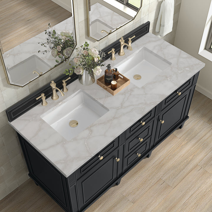 Lorelai 60" Double Vanity, Black Onyx w/ 3 CM Victorian Silver Silestone Top w/FreePower Wireless Charger