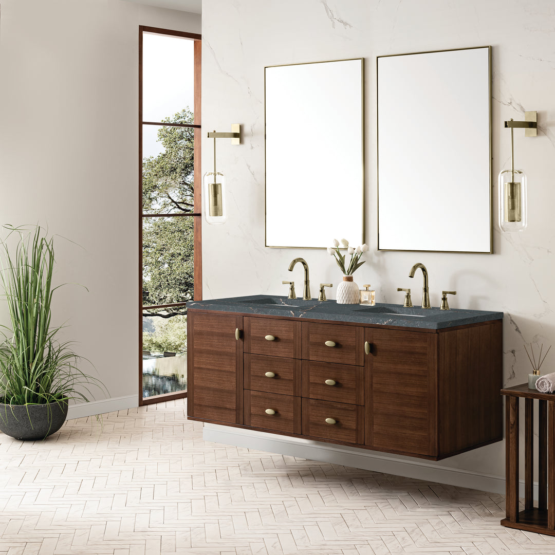 Amberly 60" Double Vanity, Mid-Century Walnut w/ 3 CM Parisien Bleu Top w/FreePower Wireless Charger