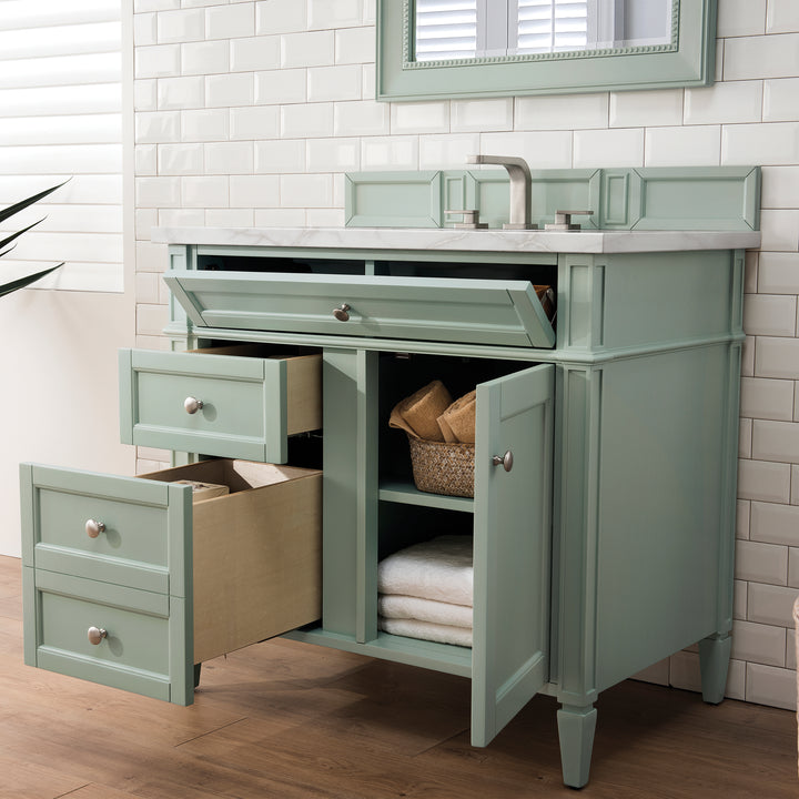 Brittany 36" Single Vanity, Sage Green w/ 3 CM Victorian Silver Silestone Top