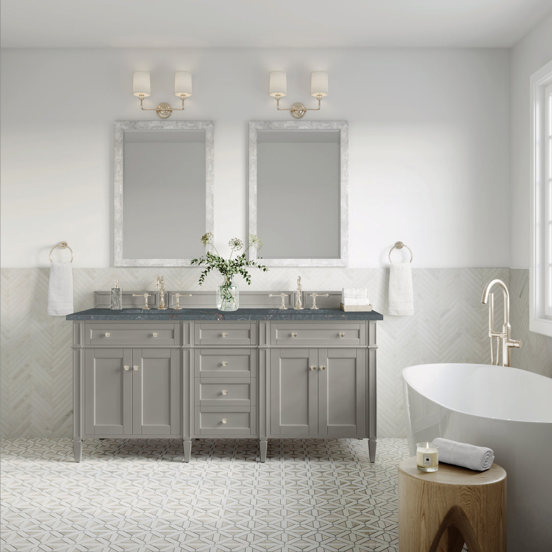 Brittany 72" Double Vanity, Urban Gray w/ 3 CM Parisien Bleu Silestone Top