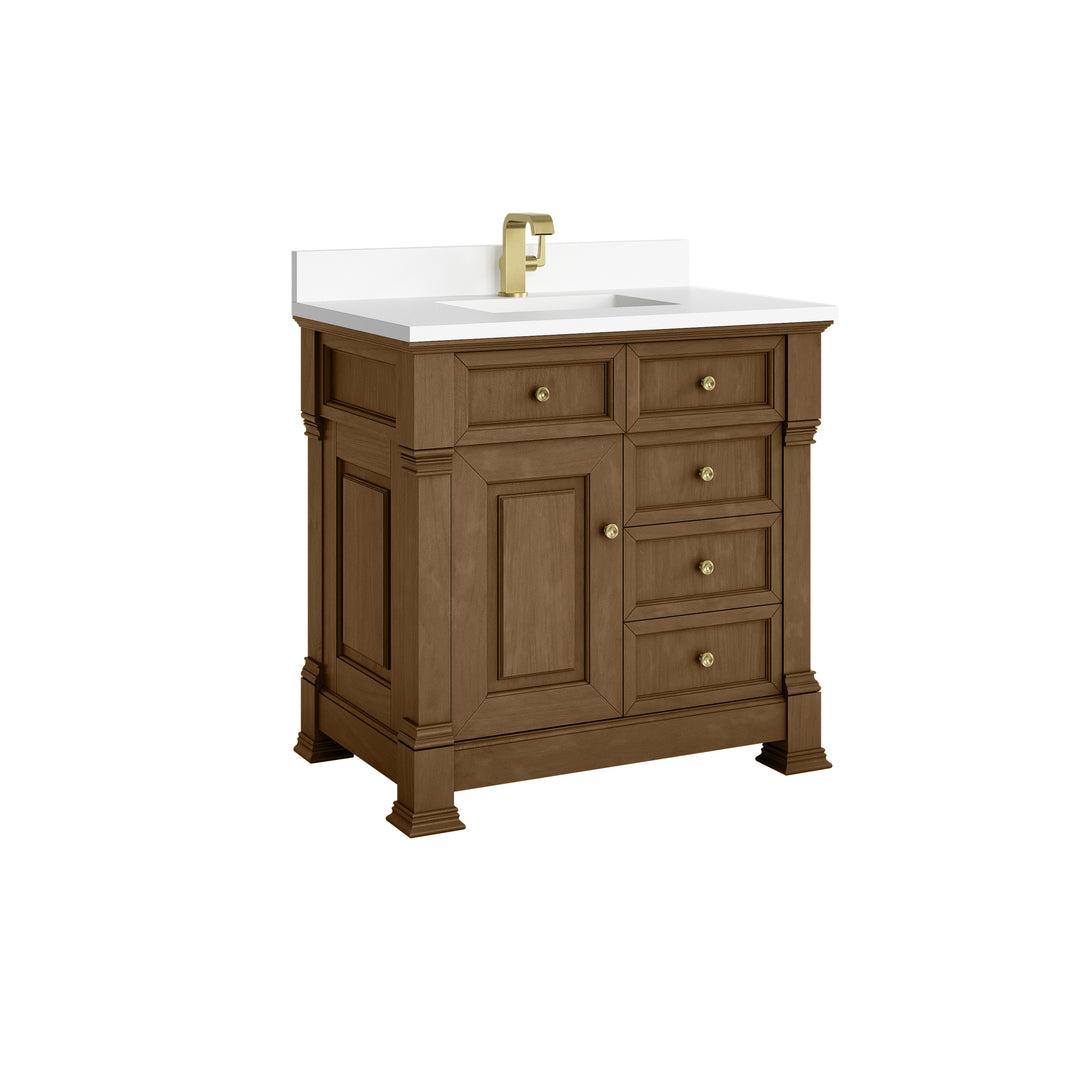 Brookfield 36" Single Vanity, Honey Oak w/ Single Hole 3 CM White Zeus Silestone® Top & Backsplash