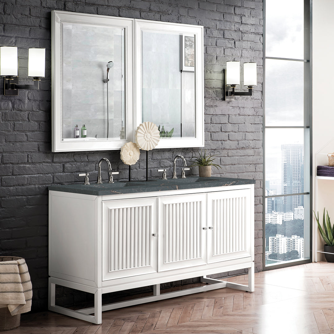 Athens 60" Double Vanity, Glossy White w/ 3 CM Parisien Bleu Silestone Top