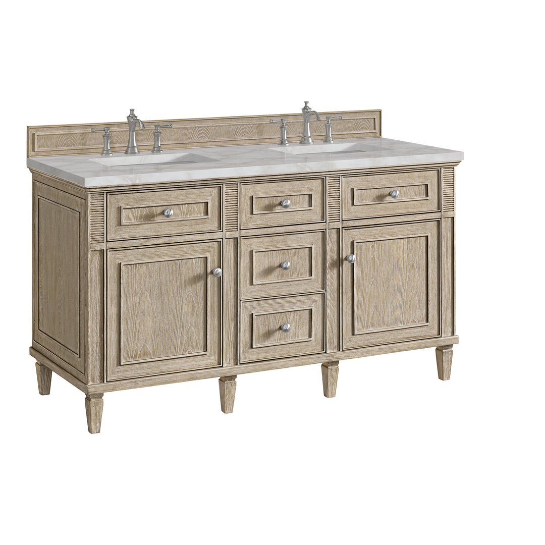 Lorelai 60" Double Vanity, Whitewashed Oak w/ 3 CM Victorian Silver Silestone Top