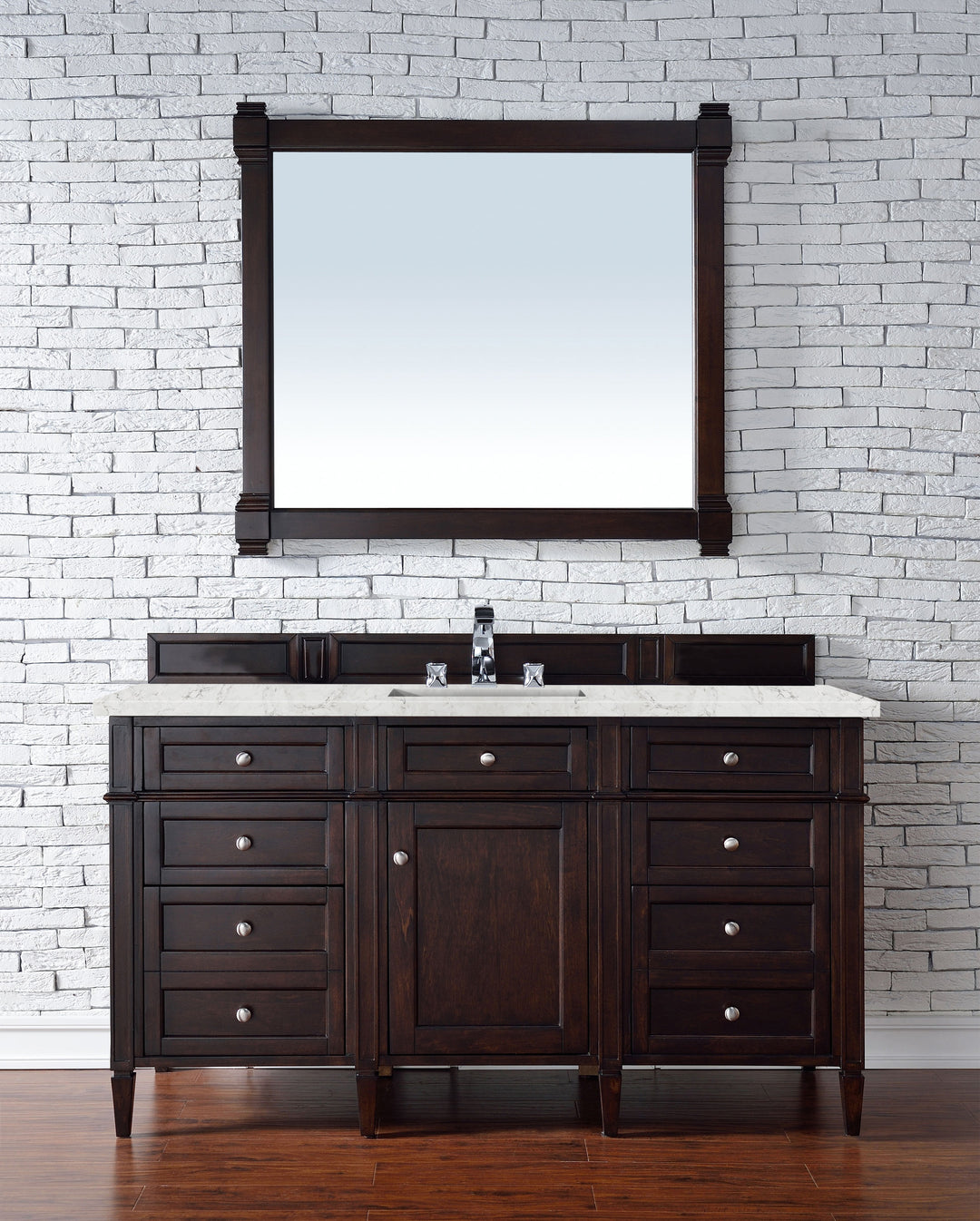Brittany 60" Single Vanity, Burnished Mahogany w/ 3 CM Eternal Jasmine Pearl Silestone Top